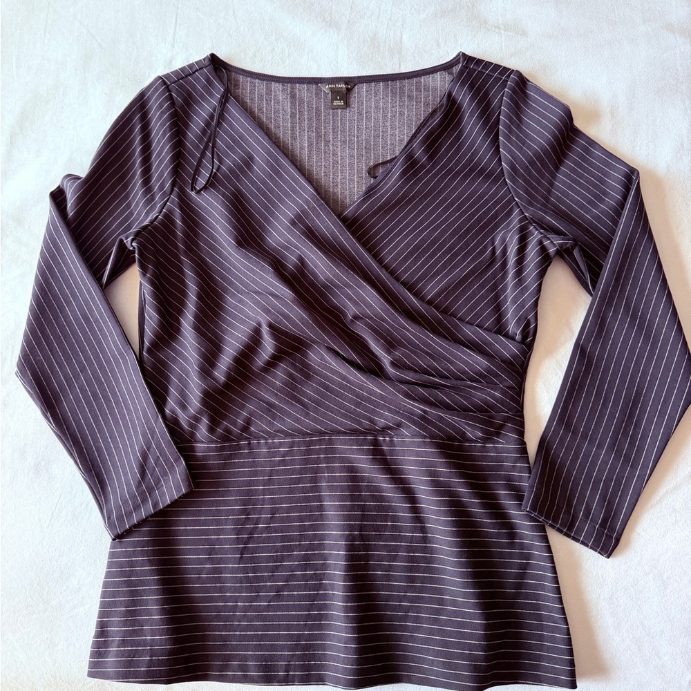 Ann Taylor Navy Pinstripe Long Sleeve Top